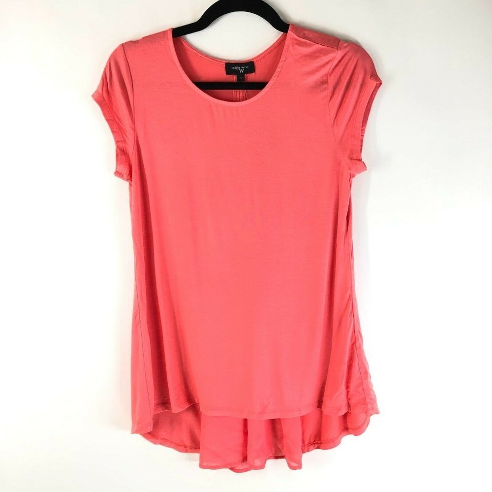 Colour Works Womens Tunic Top Hi-Low Hem T Shirt Short Sleeve Coral Pink S